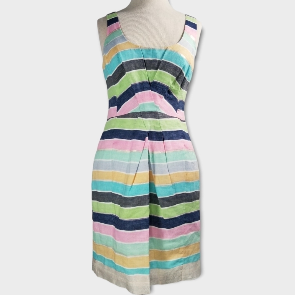 Tracy Reese Multi-Color Striped Fit & Flare Linen Scoop Neck Dress Size 6